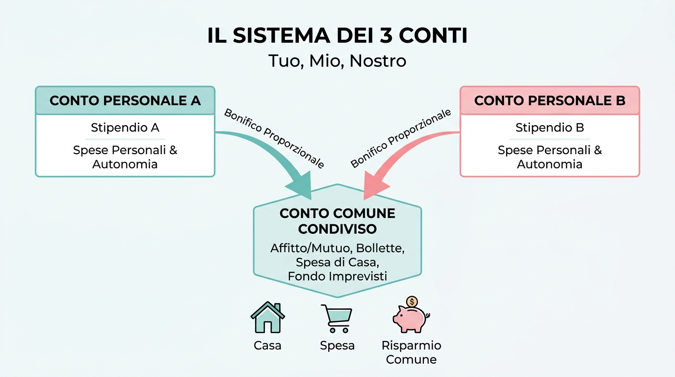 Schema del sistema dei 3 conti per la gestione delle spese in coppia: conti personali e conto comune condiviso