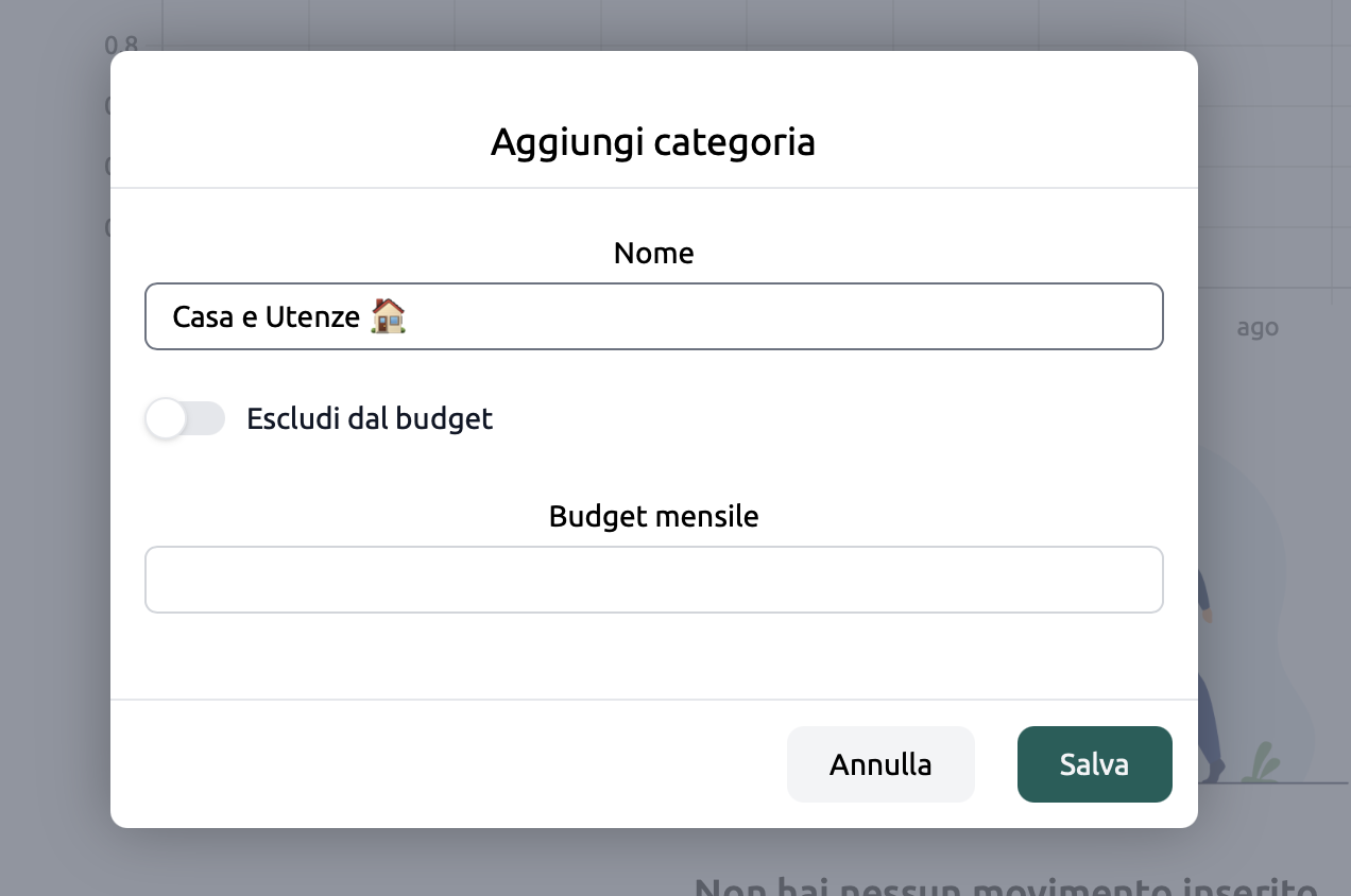 Schermata dell'applicazione web Non sono spiccioli che mostra la funzione per impostare un budget mensile per una specifica categoria di spesa.