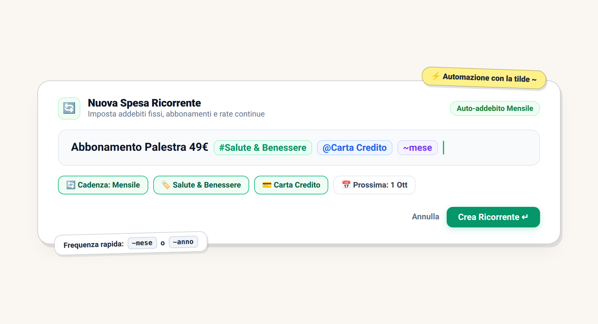Creazione automatica di una spesa ricorrente tramite Smart Input con frequenza mensile in Saveist